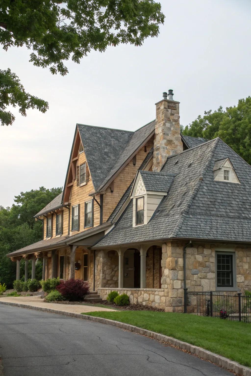A delightful house featuring stone and gabled roof design.