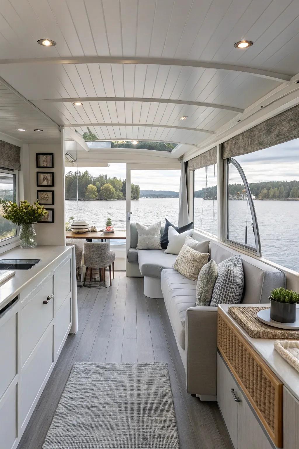 A serene neutral palette brings calm to the interior of this houseboat.