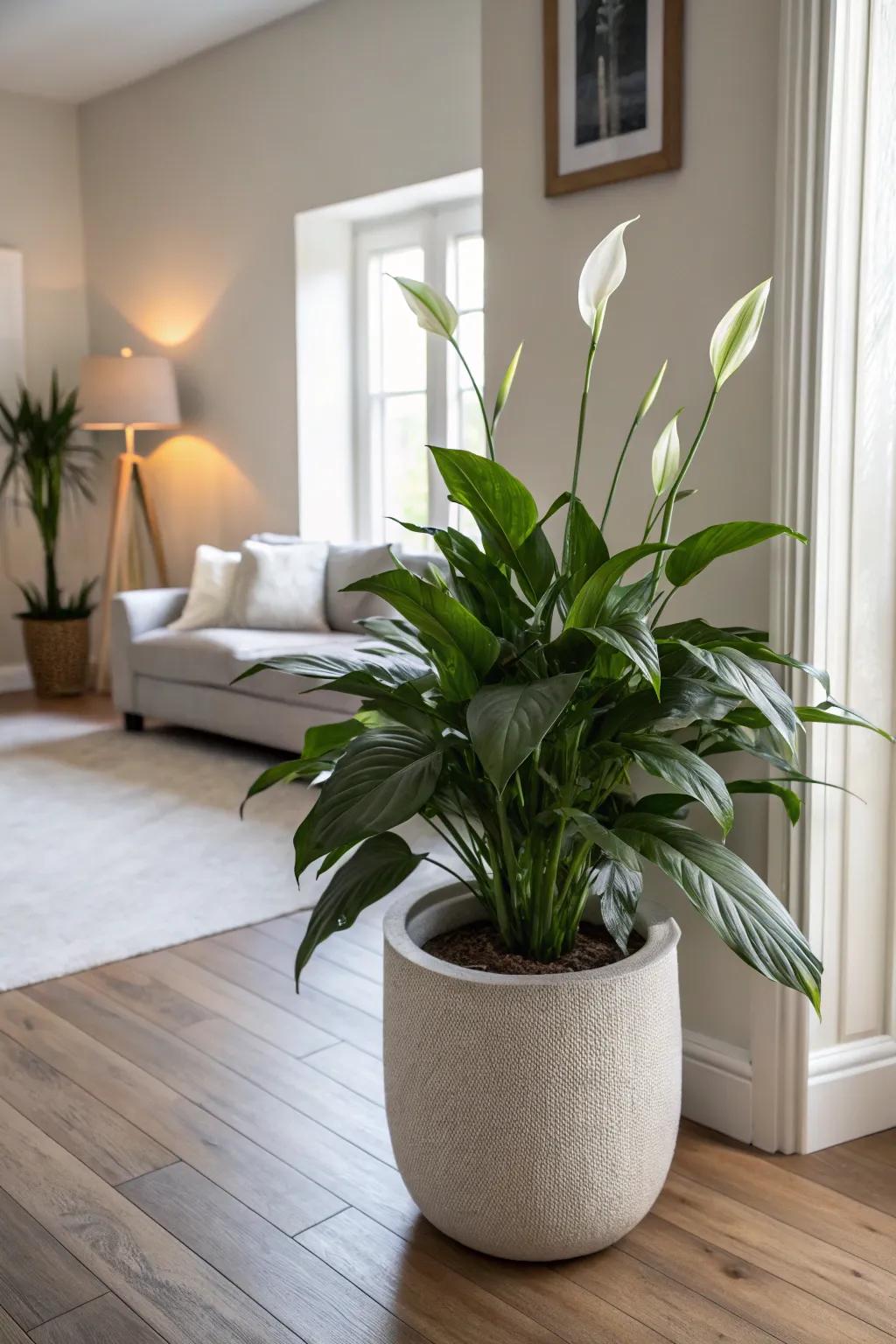 The refined presence of a Peace Lily in a comfortable living area.