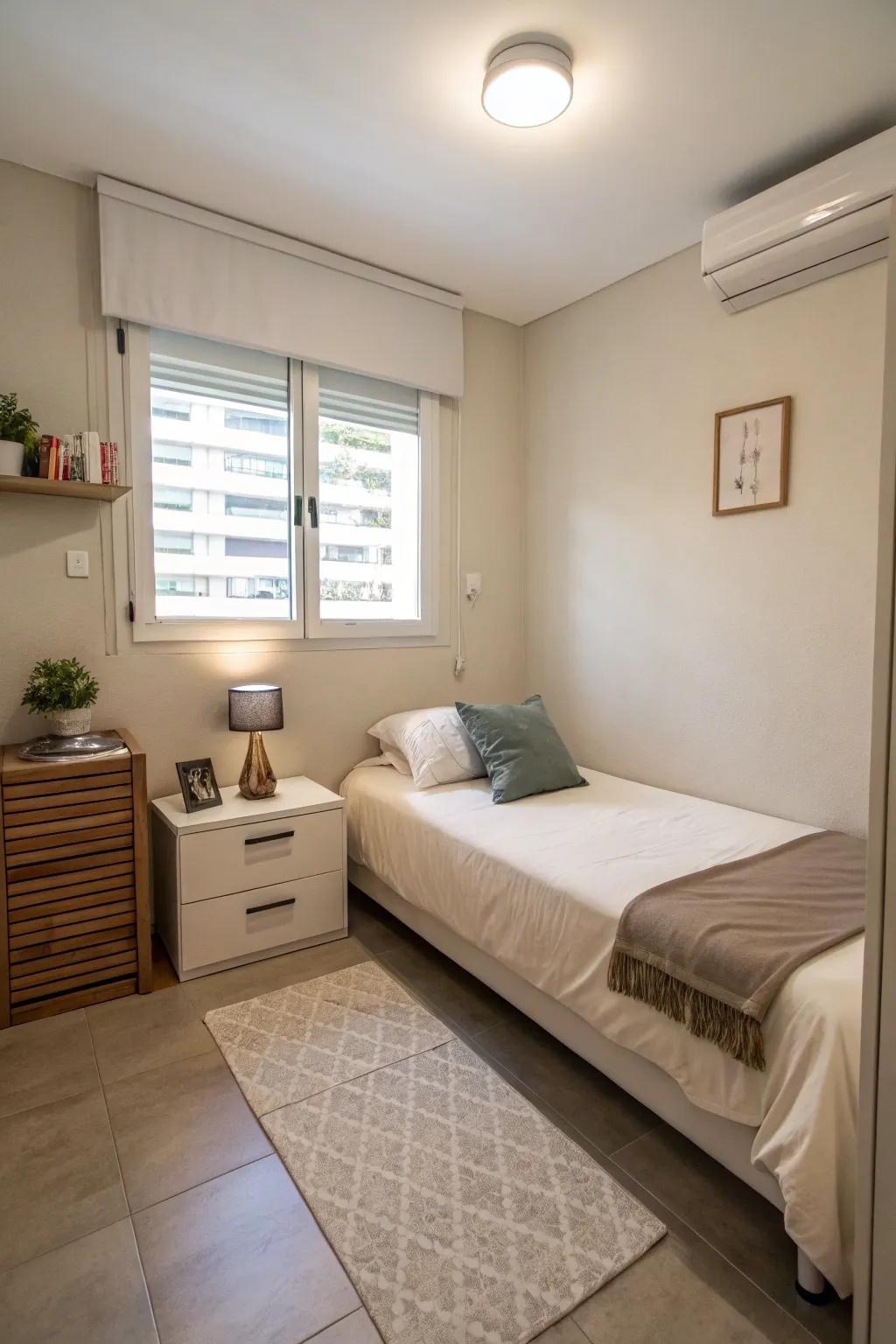 A minimalist and uncluttered small bedroom that exudes an open, airy atmosphere.