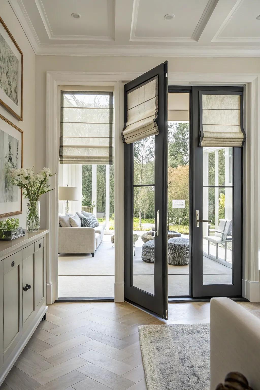 Roman shades impart a polished and sophisticated appearance to French doors.