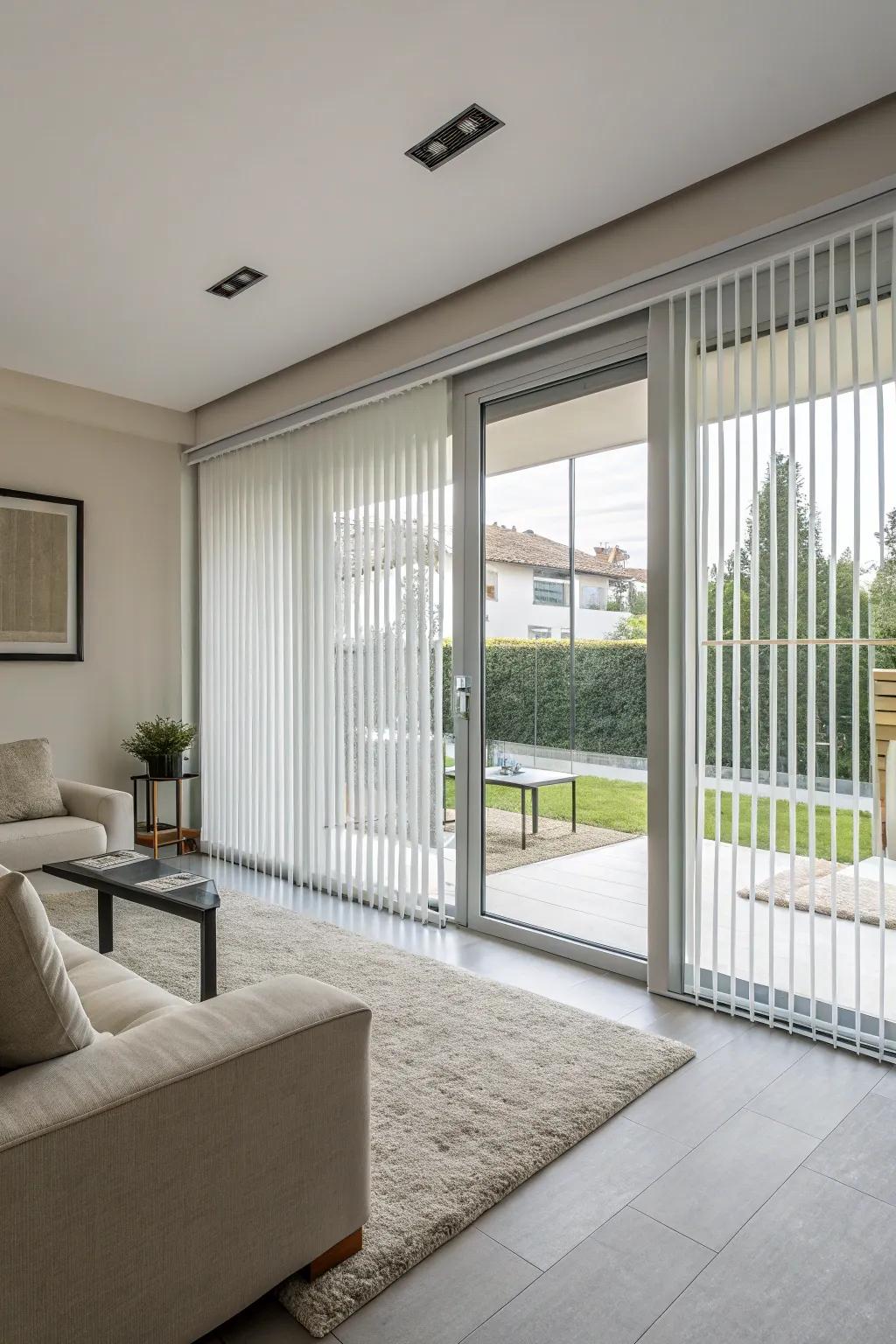 Vertical blinds are a streamlined and practical choice.