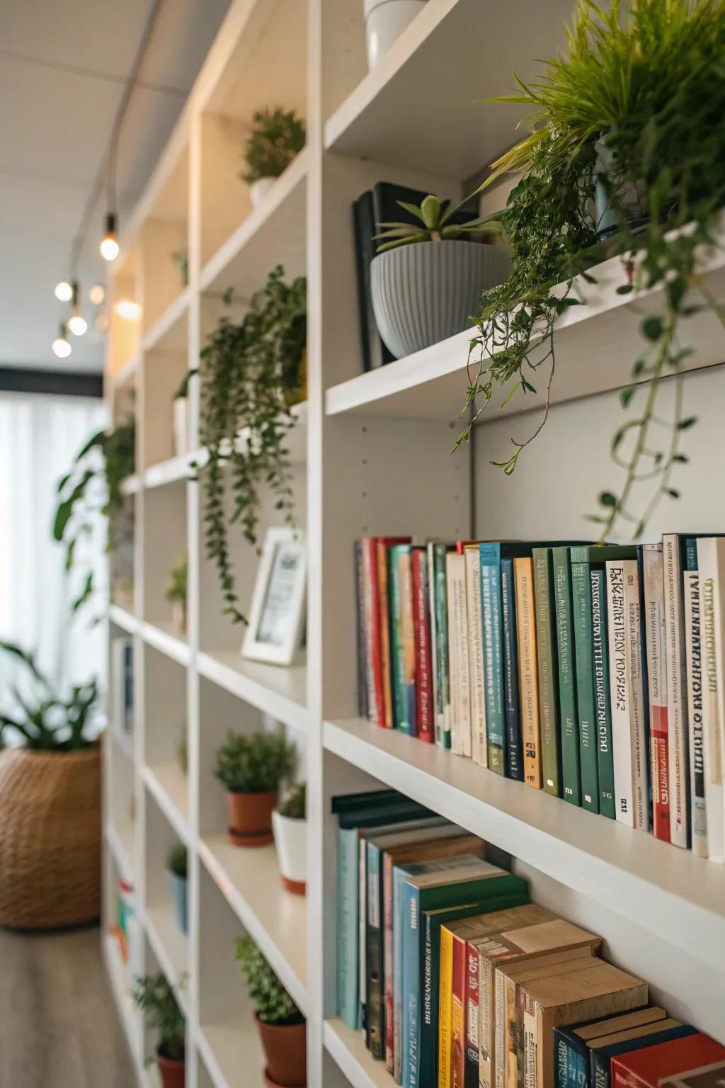 Bookshelf enhanced with small potted plants.