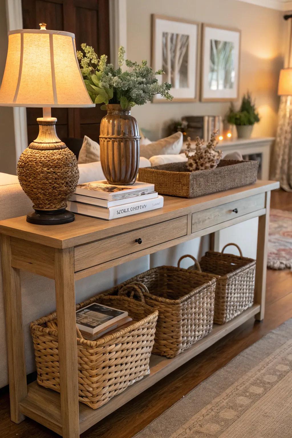 Woven baskets situated under the console table deliver fashionable storage possibilities.