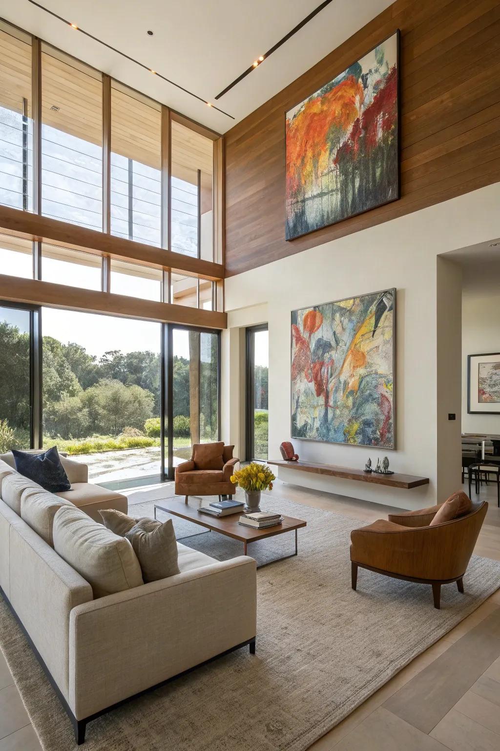A large-format abstract painting converts a simple wall into a display worthy of an art gallery.