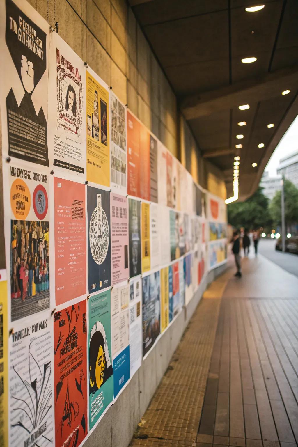 A curated wall of posters crafts an energetic and captivating display.