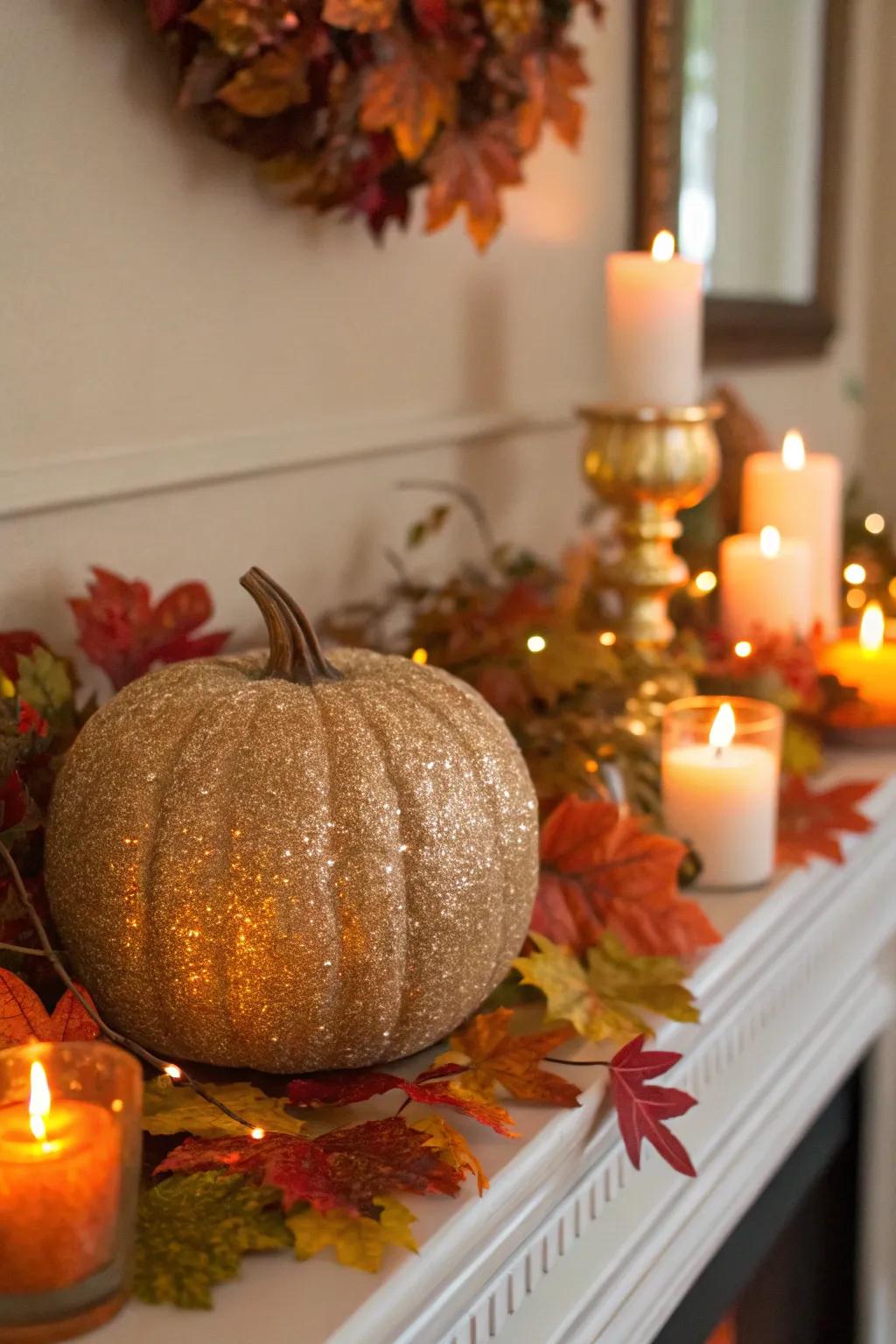 A shimmery pumpkin casting an elegant glow on the fall decor.