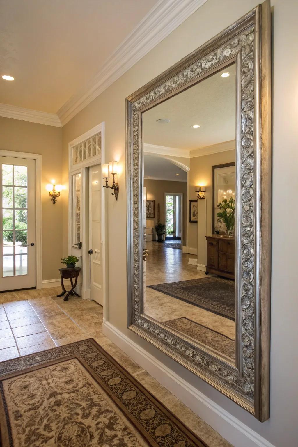 A large mirror in the entryway reflects light and makes the space feel bigger.