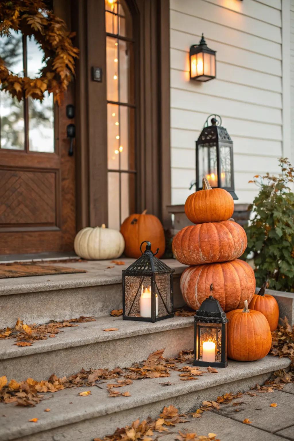 A festive gourd arrangement on an entrance veranda.