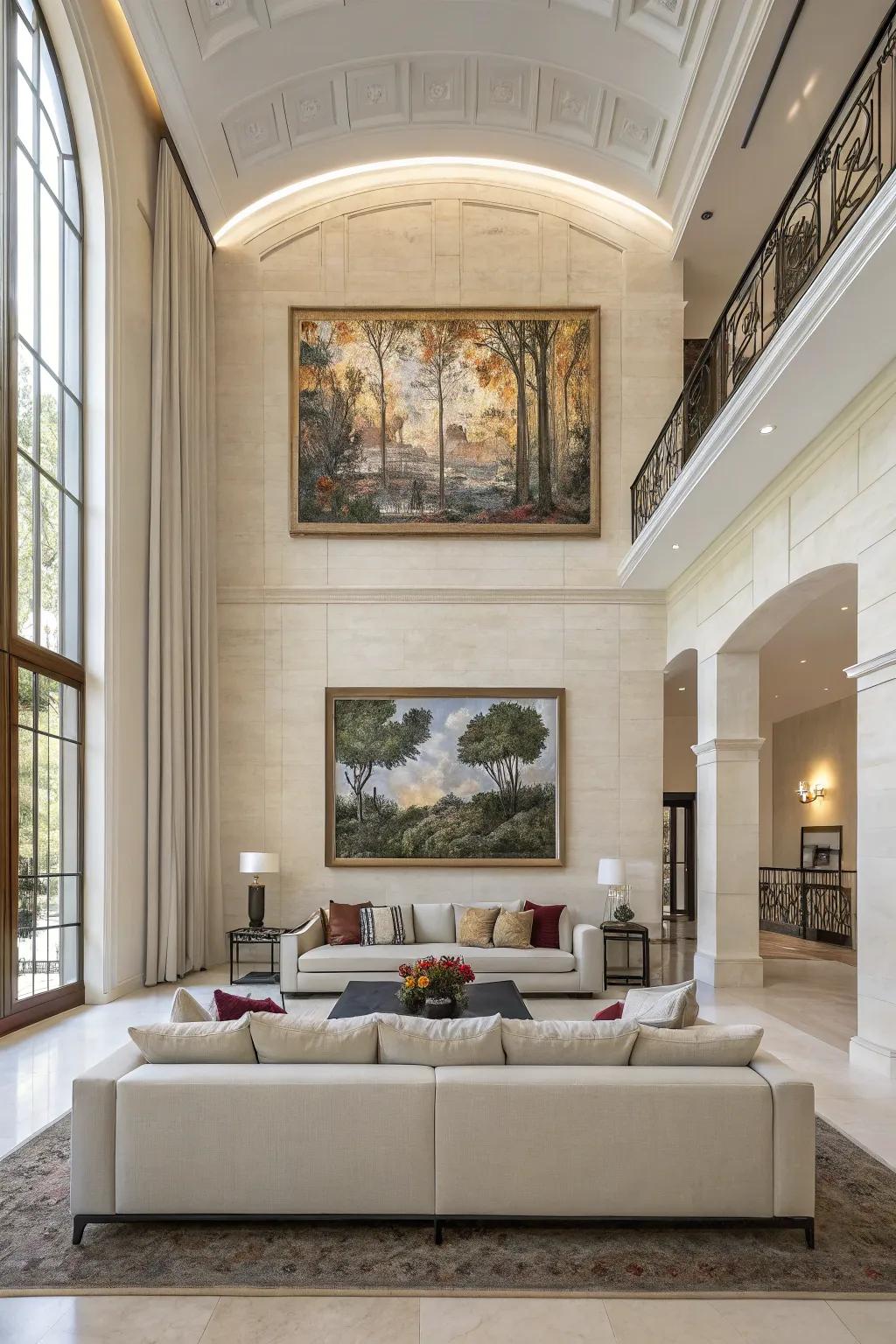 Substantial artwork enlivens the expansive walls, establishing visual equilibrium.