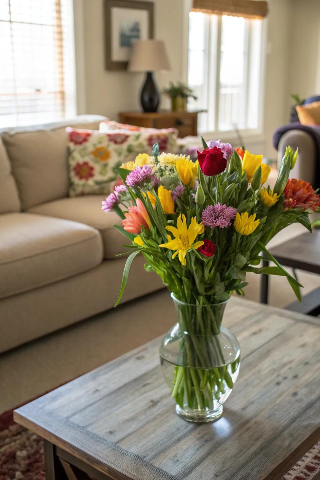 A container of fresh spring flowers makes the coffee table brighter.