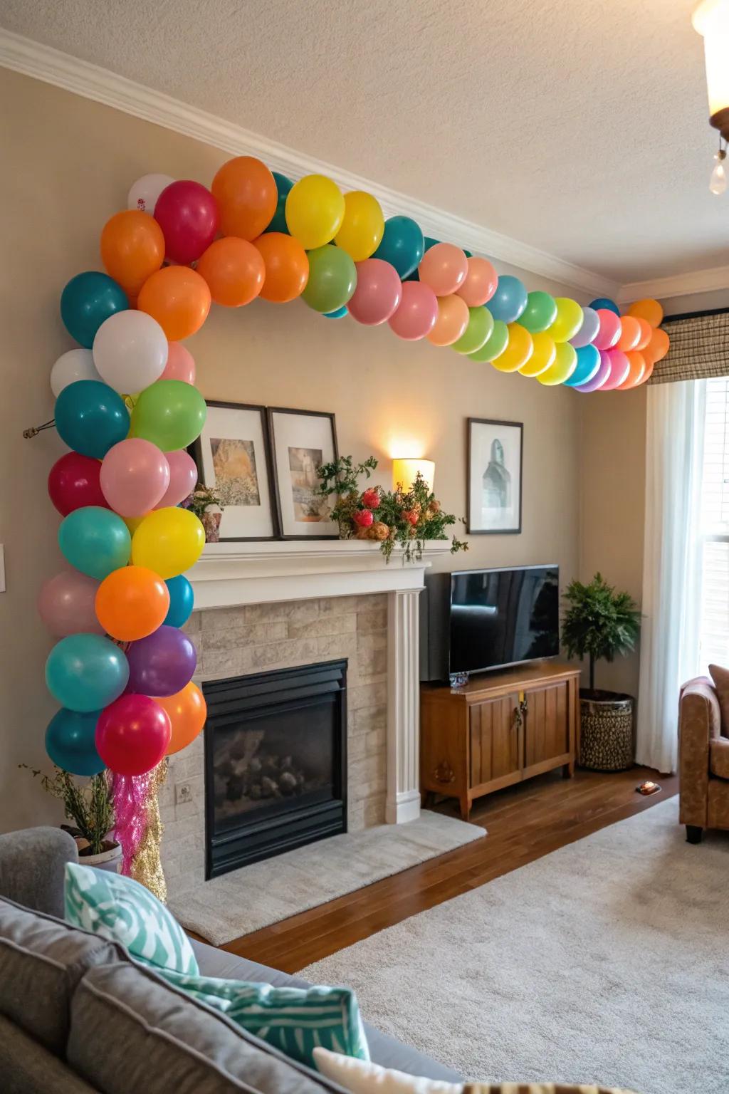 An array of colorful balloons gracefully cascades over a mantel, infusing a playful element into the living area.