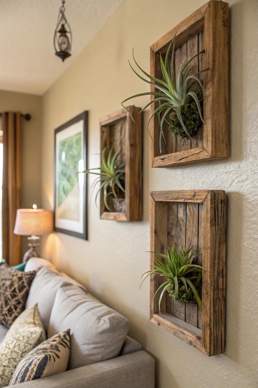 <strong>Air plants</strong> displayed on earthy wooden frames to add a natural element.” loading=”lazy” class=”pimg”>
	</picture><figcaption><strong>Air plants</strong> displayed on earthy wooden frames to add a natural element.</figcaption></figure>
<p>For a cozy, organic wall ornamentation, affix your <strong>air plants</strong> to naturally hewn wooden frames. This arrangement introduces an earthy atmosphere to any setting, celebrating the allure of authentic materials.</p>
<h3>Might be a good match:</h3>
<ul class=