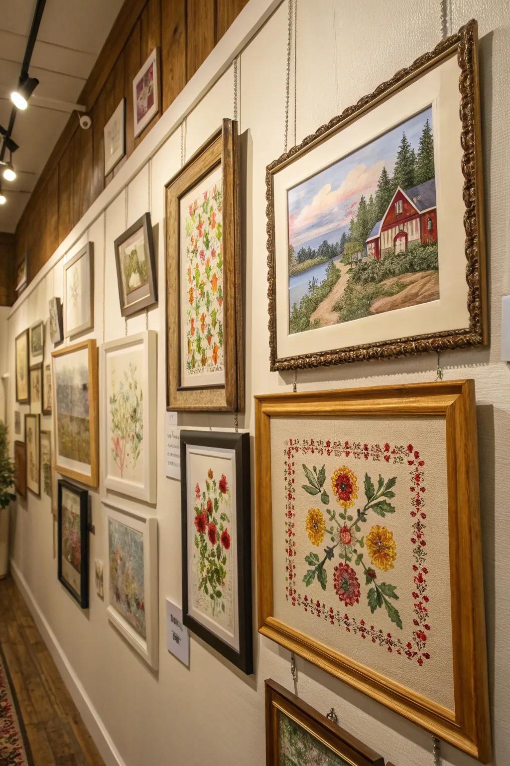 A gallery wall blends cross stitch with various art forms for a vibrant aesthetic