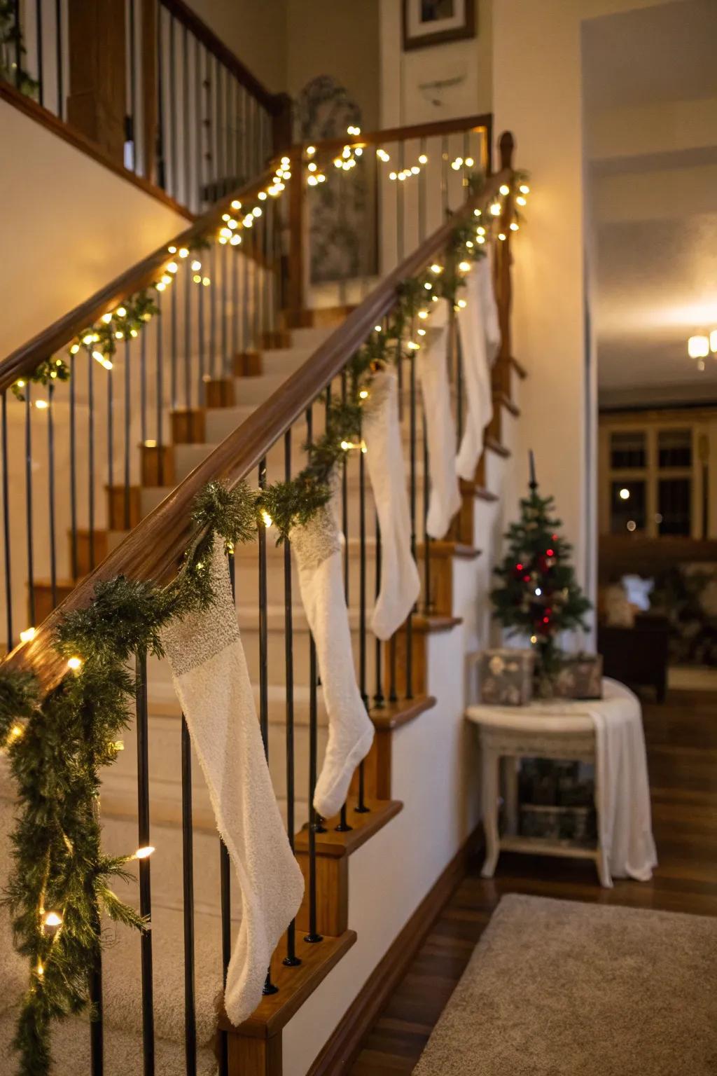 Stair railings are the ideal setting to showcase your holiday stockings.