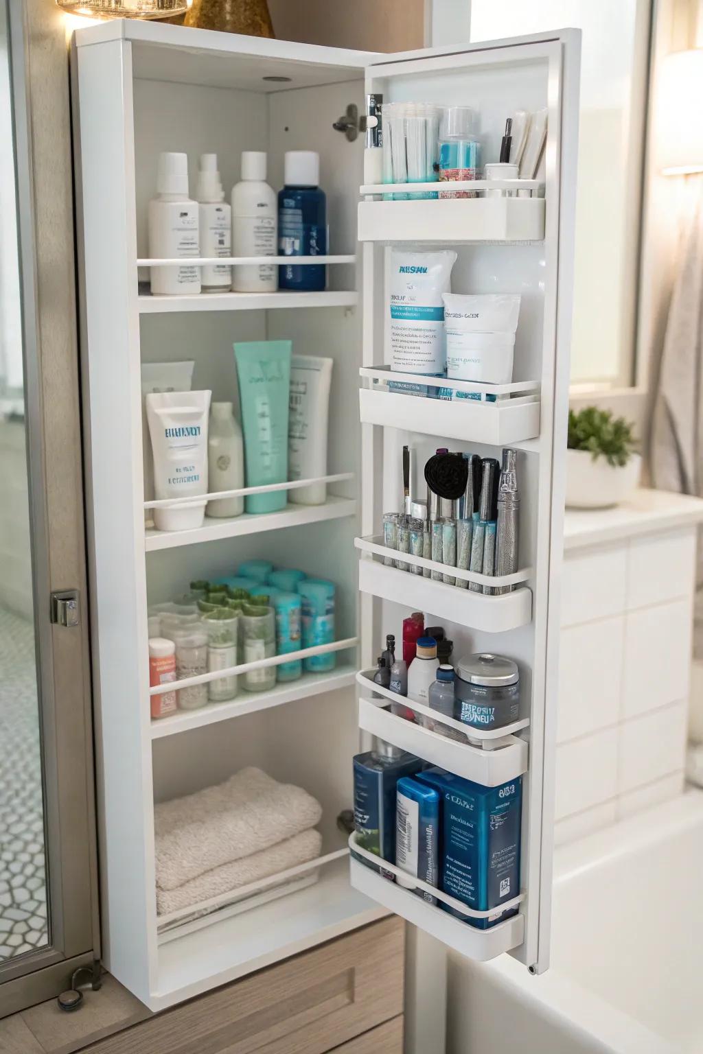 Inside a bathroom cabinet, tiered shelving maximizes the amount of vertical storage space.