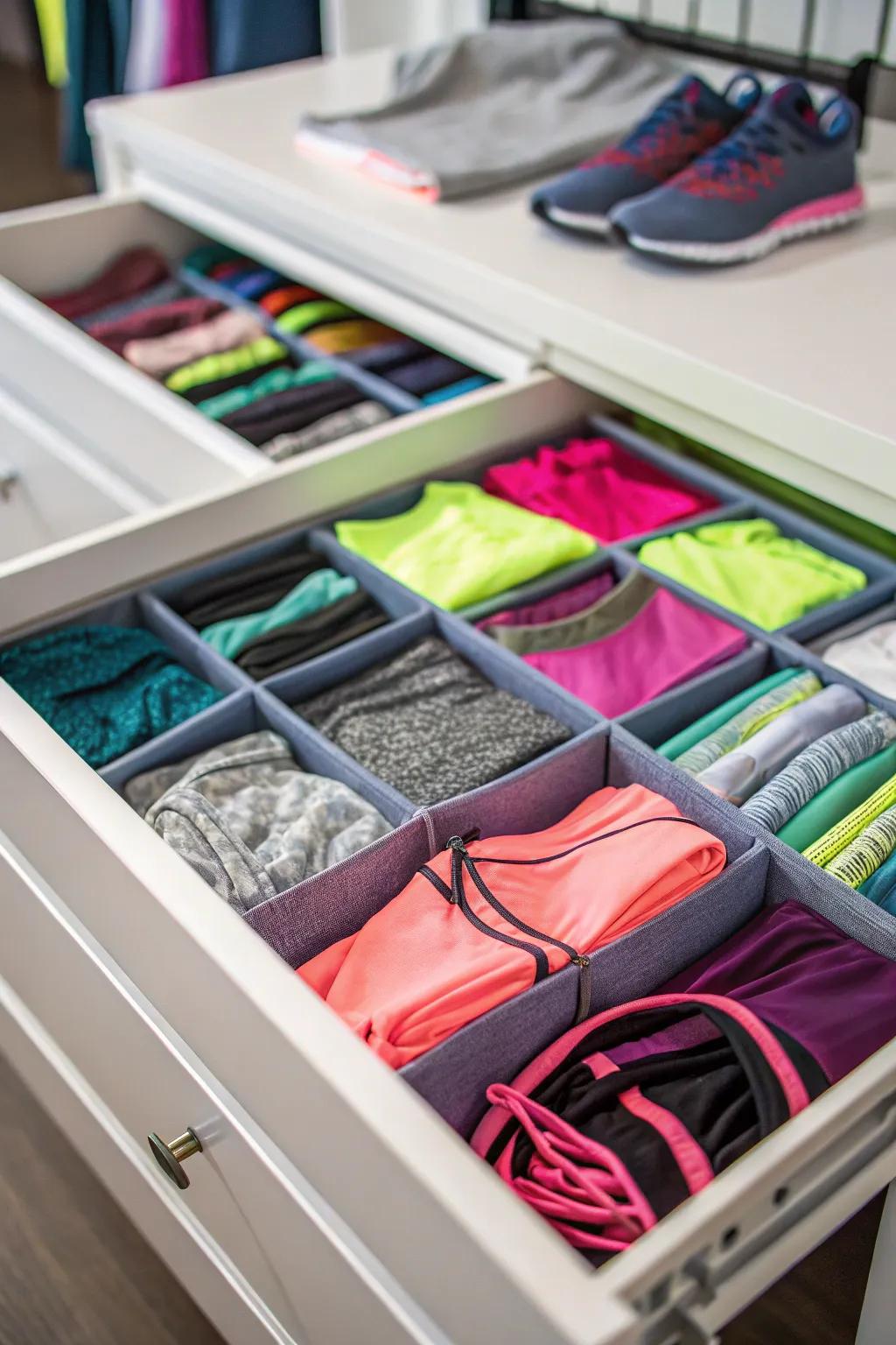 Drawer dividers used to neatly sort workout clothing.