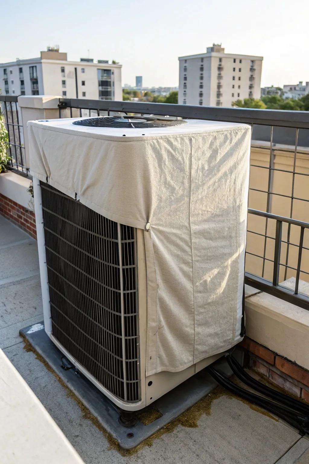 A fitted shade cloth provides stylish sun protection for an AC unit.