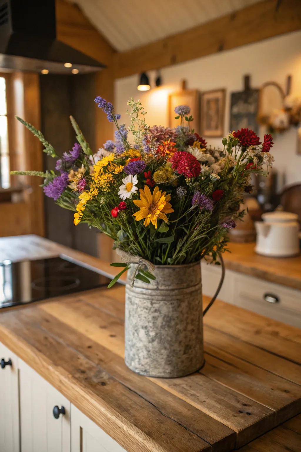 A country-style metallic vase showcasing a collection of radiant uncultivated flowers.
