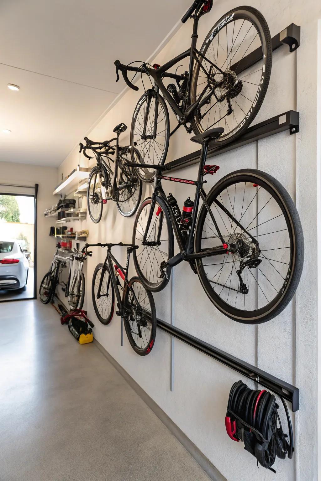 Bikes are neatly arranged on the wall, making them easily accessible.