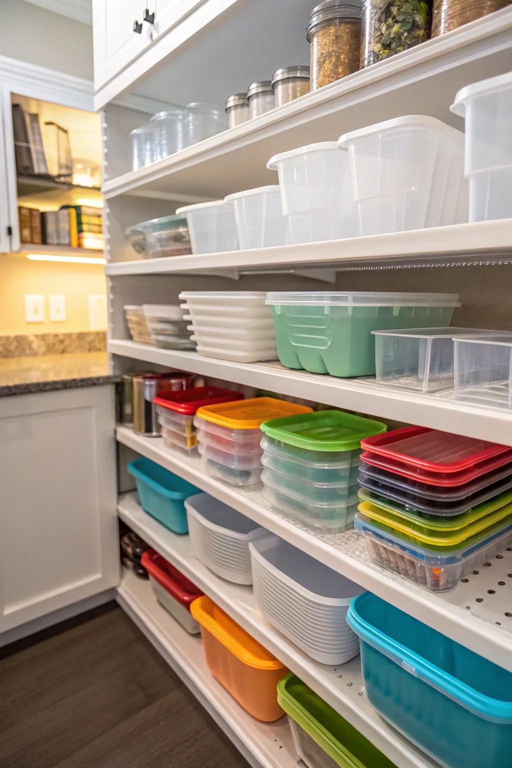 Kitchen shelves arranged with plastic containers, utilizing dividers for organization.