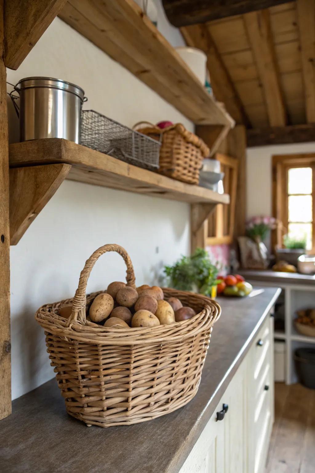A potato-filled osier basket contributes countryside charm.