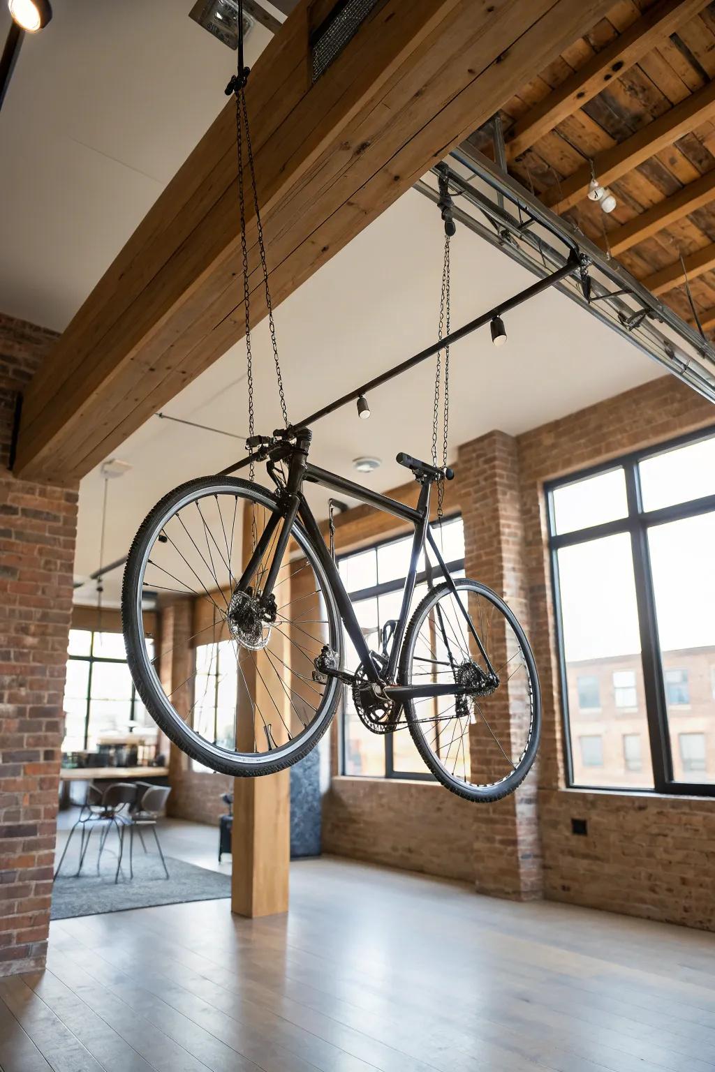 A ceiling pulley system ensures your bike is out of the way.