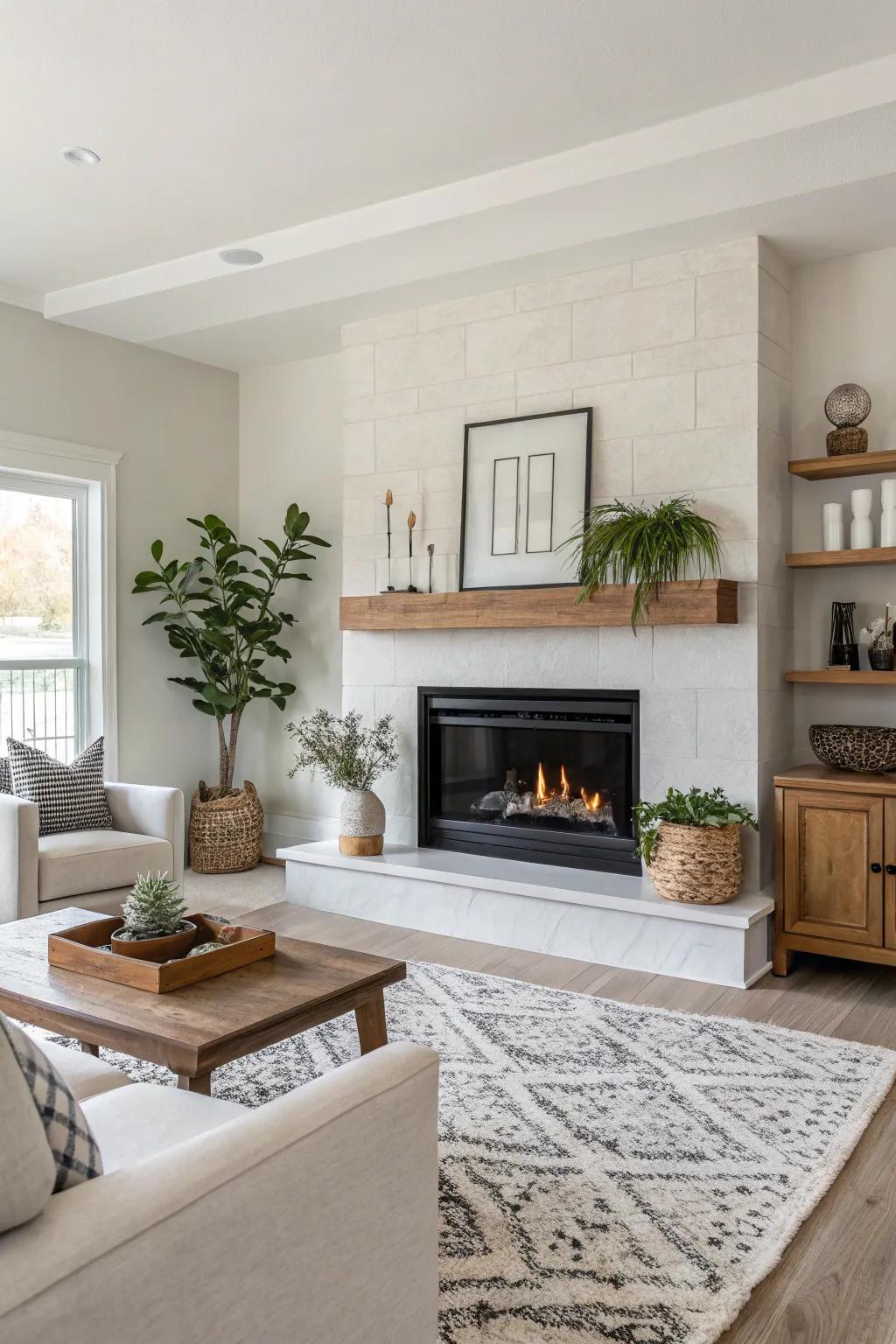 A minimalist living space showcasing a streamlined modern fireplace with a subdued palette.