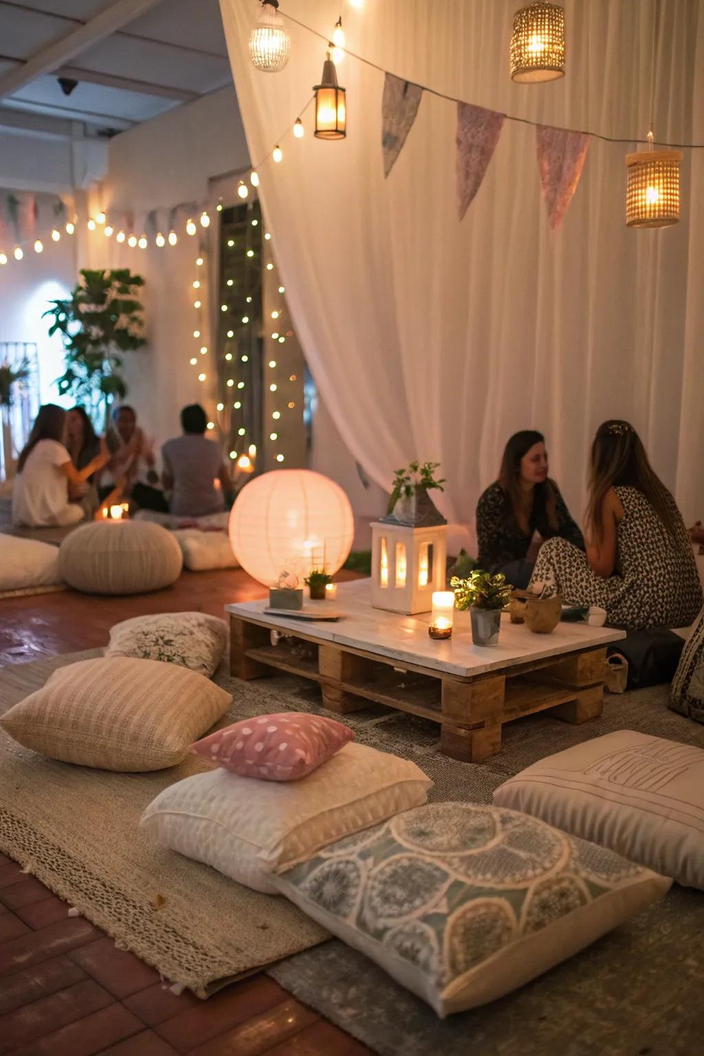 A close get-together using floor seating and gentle ambient illumination.