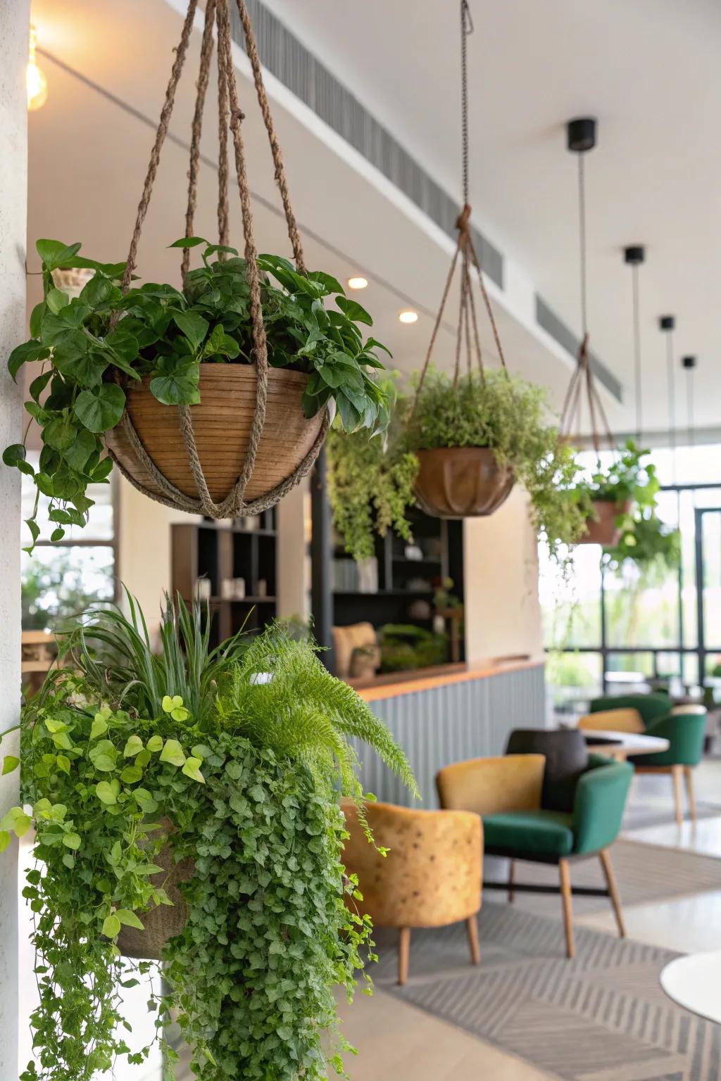 Optimize your vertical dimensions with sophisticated suspended planters.