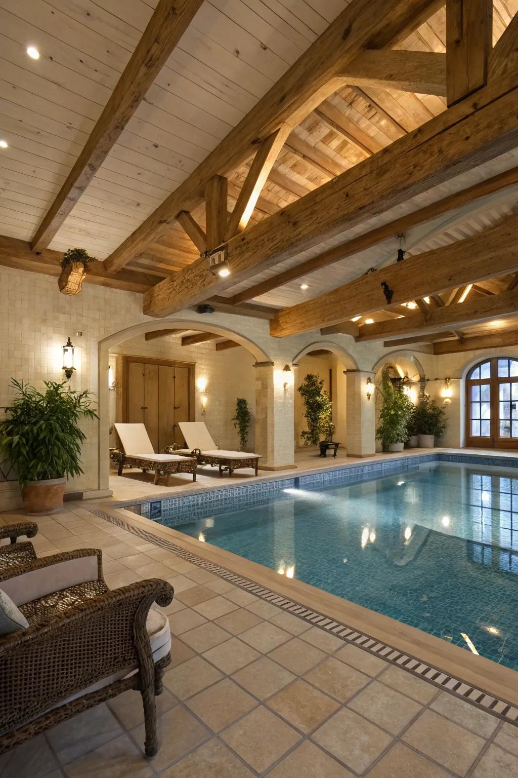 A snug indoor pool showcasing wooden ceiling beams