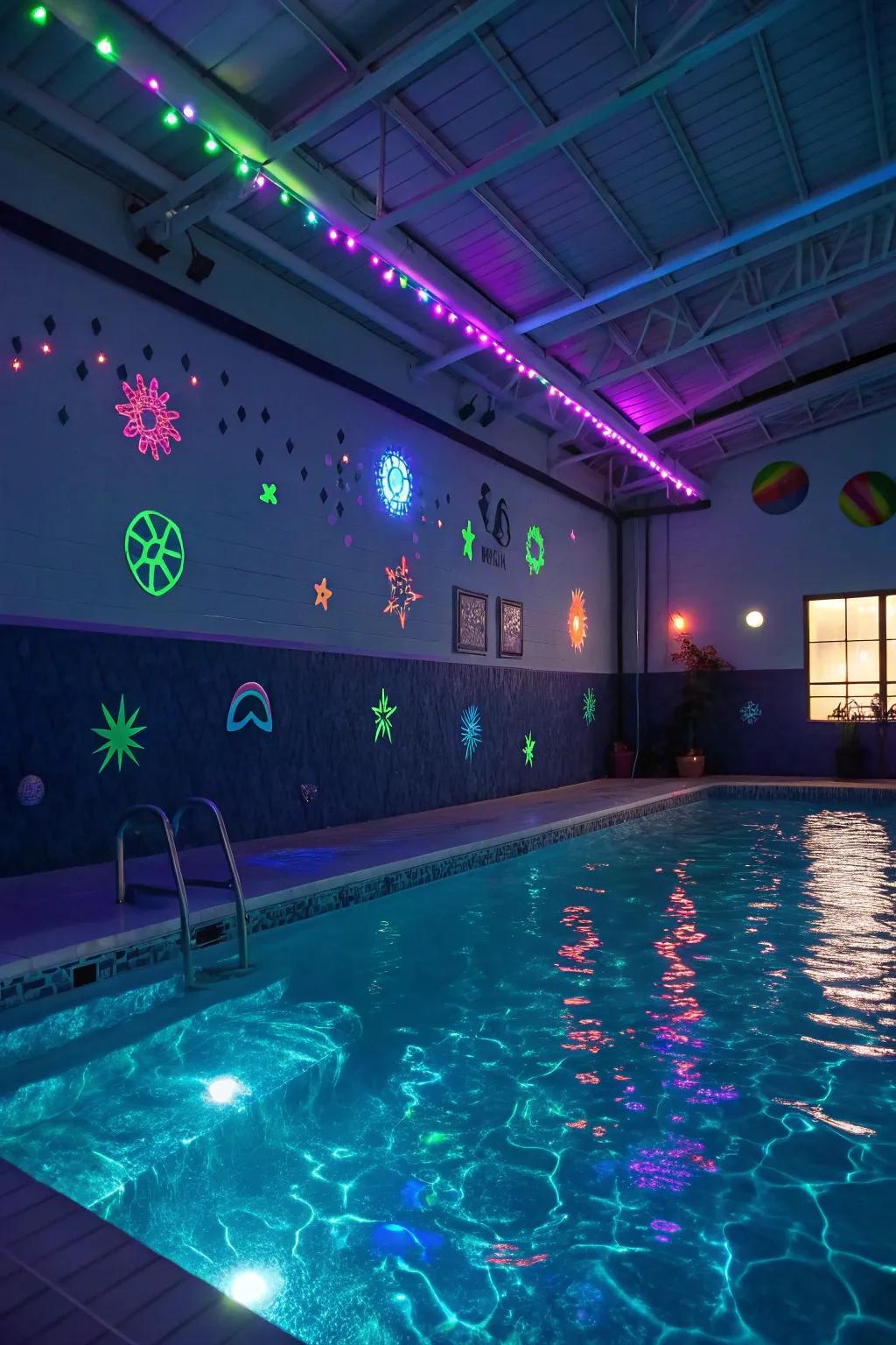 Illuminate your pool party with radiant neon lights and captivating glow-in-the-dark accents.