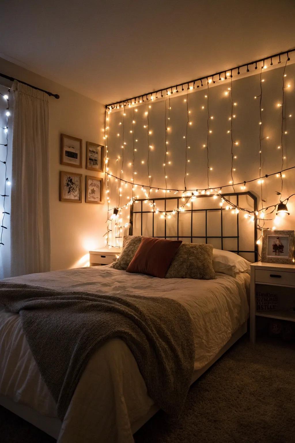 Create a warm and intimate ambiance in your bedroom with twinkle lights.
