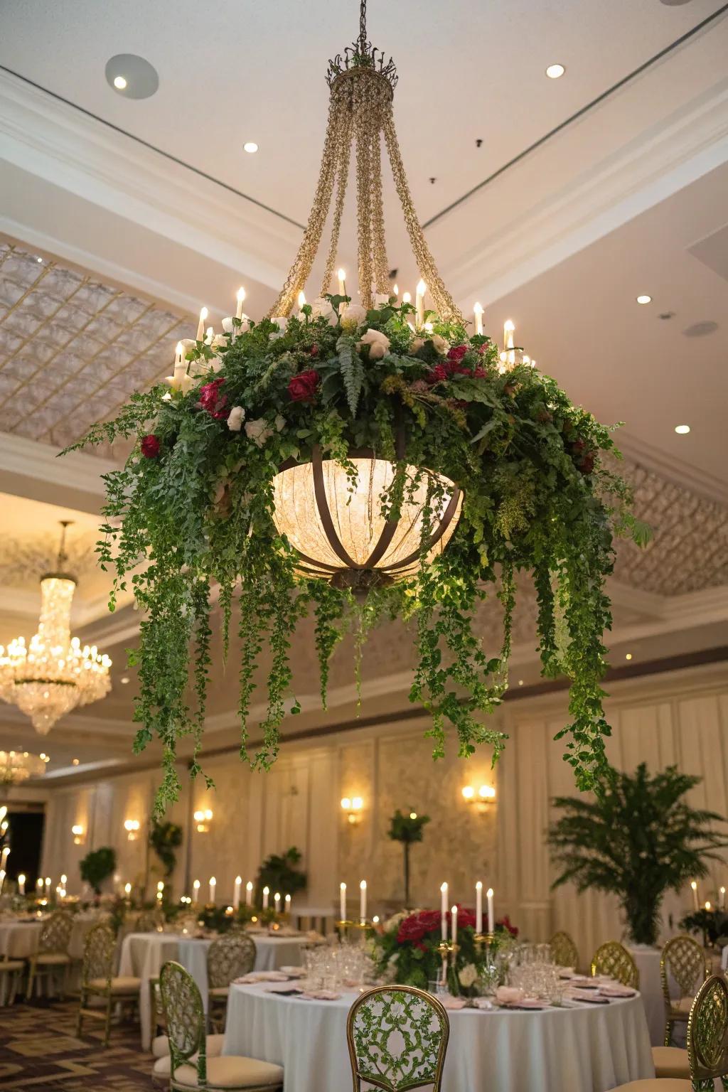 A majestic chandelier bedecked with verdure imparts refinement.