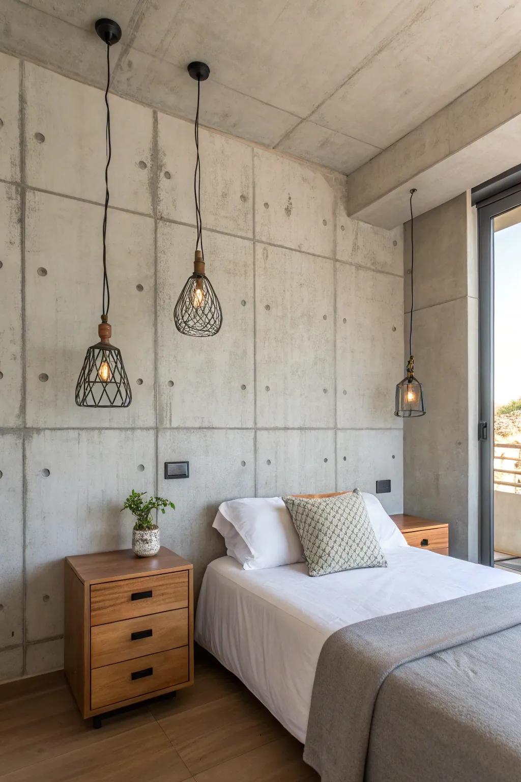 Solidified mud elements impart a polished, contemporary sharpness to this industrial bedroom.