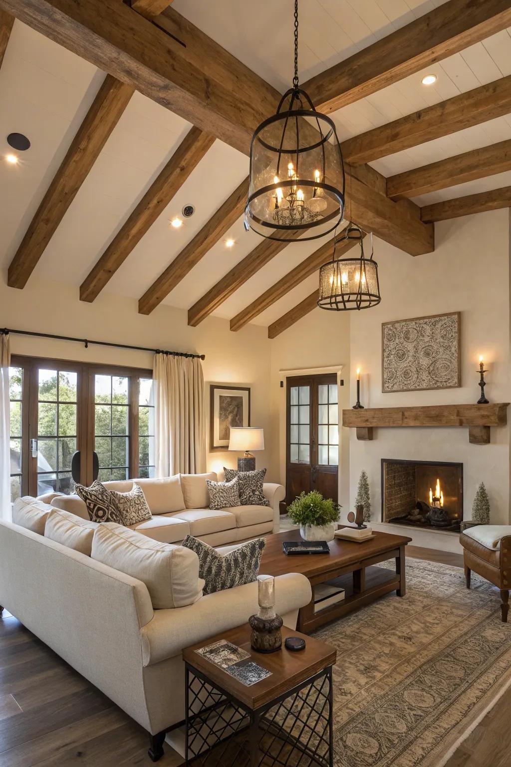 Wooden beams enrich a modern living space with rustic charm.