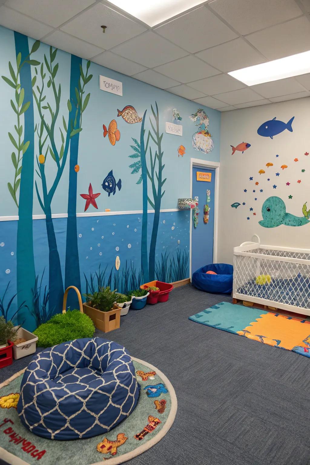 Immerse yourself in a world of wonder with a classroom theme centered around the deep blue sea.