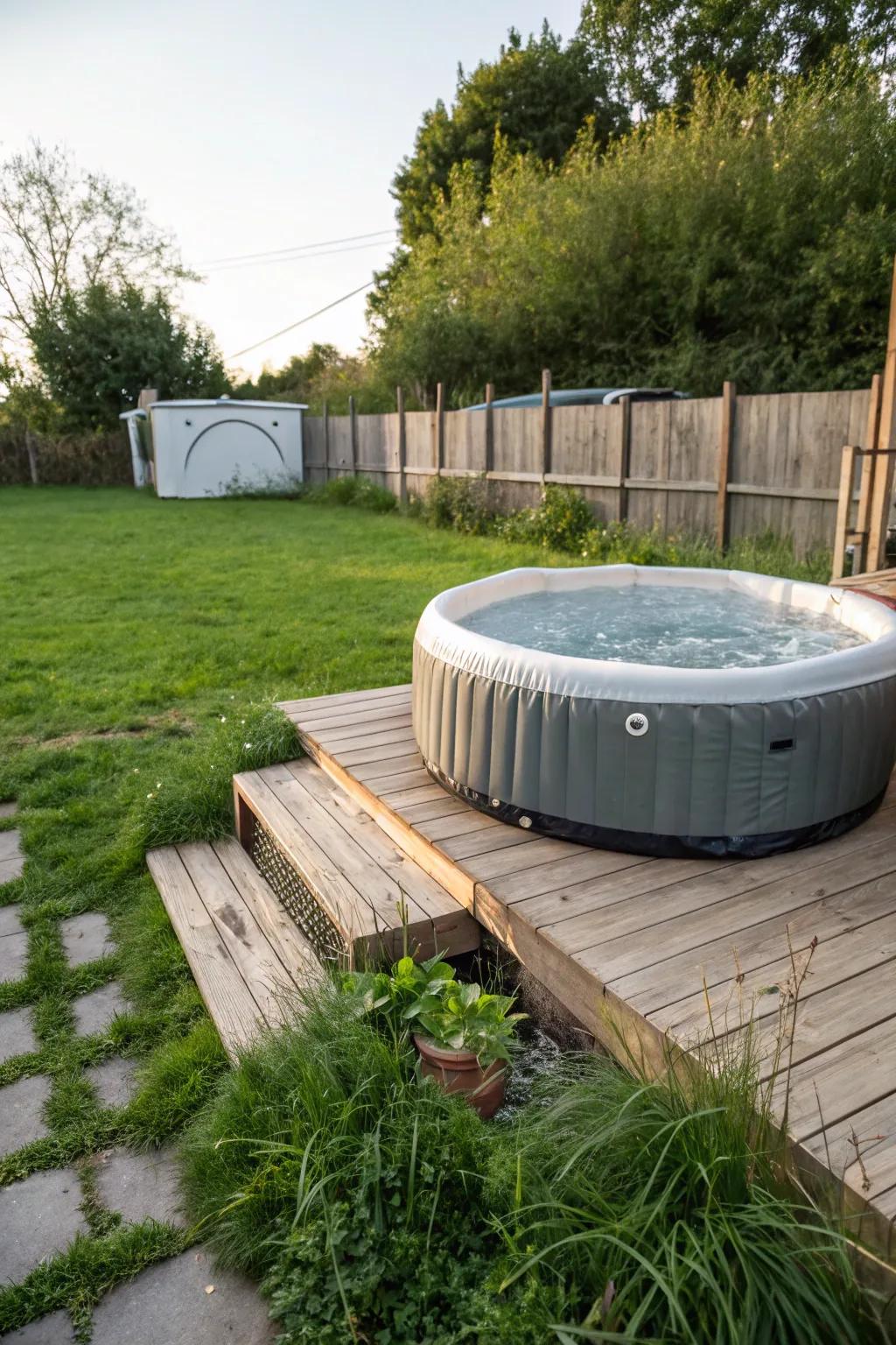 A sophisticated timber platform accentuates this inflatable spa arrangement.
