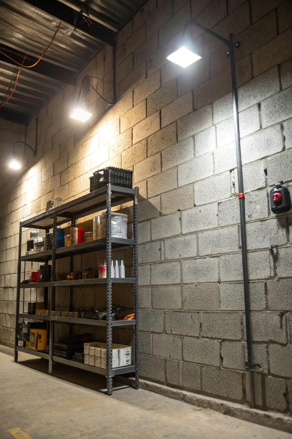 Metallic accents enhance an industrial aesthetic on a cinder block wall.