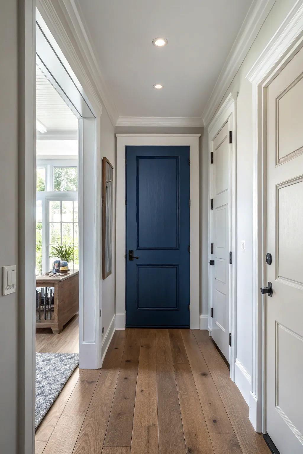 Navy blue doors serving as an impressive central element.