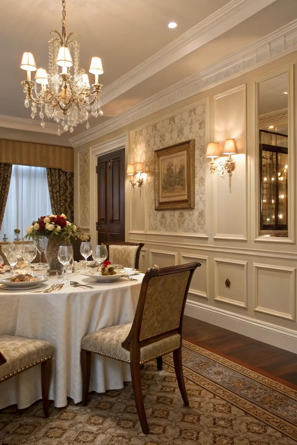 Elegant dining space showcasing wainscoting for heightened sophistication.