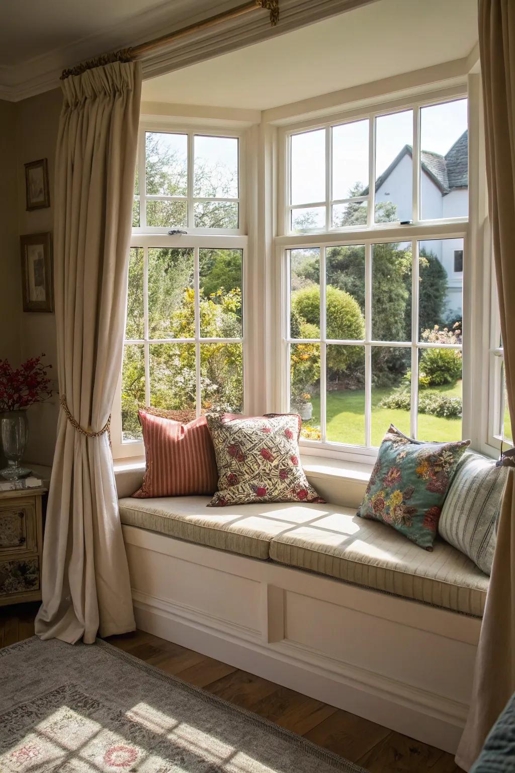 An inviting bay window area, perfect for unwinding and enjoying a good book.