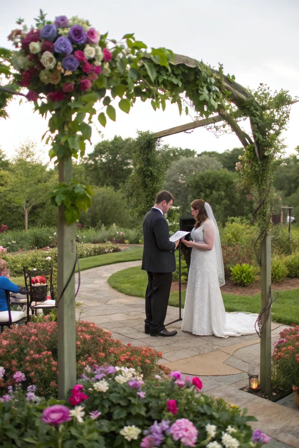 A wedding occasion presented against a vibrant garden panorama.