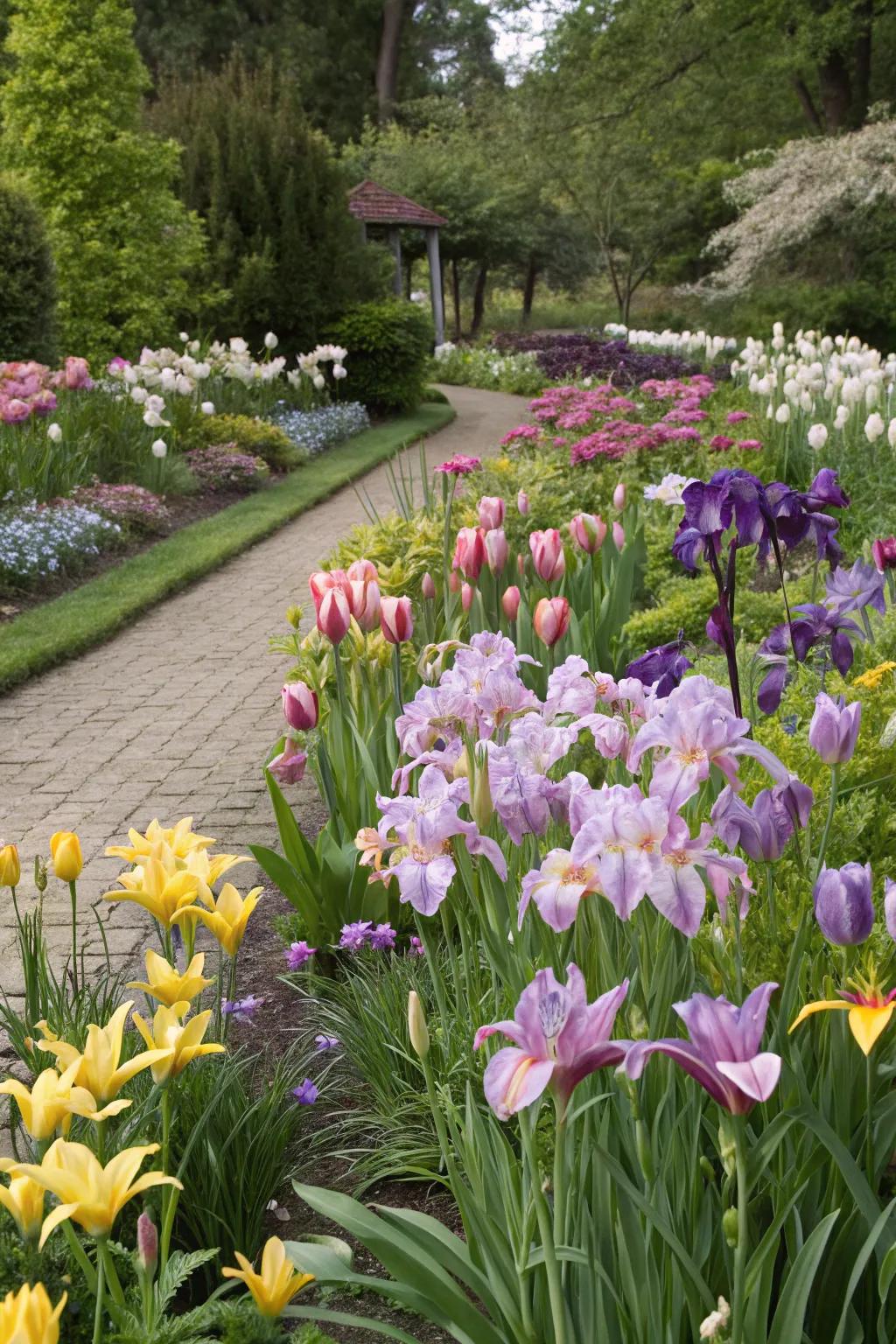An energetic combination of glimmer flowers, daylilies, and pansies crafting a vibrant garden panorama.