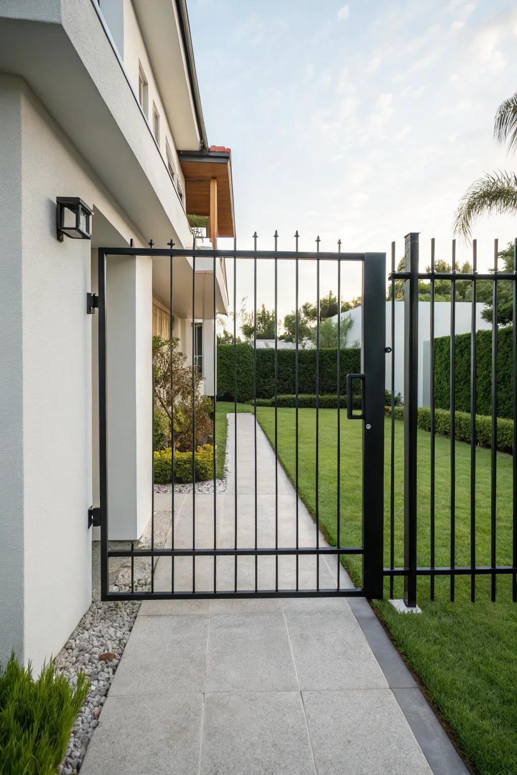 A chic, understated modern iron entryway complementing a modern home.