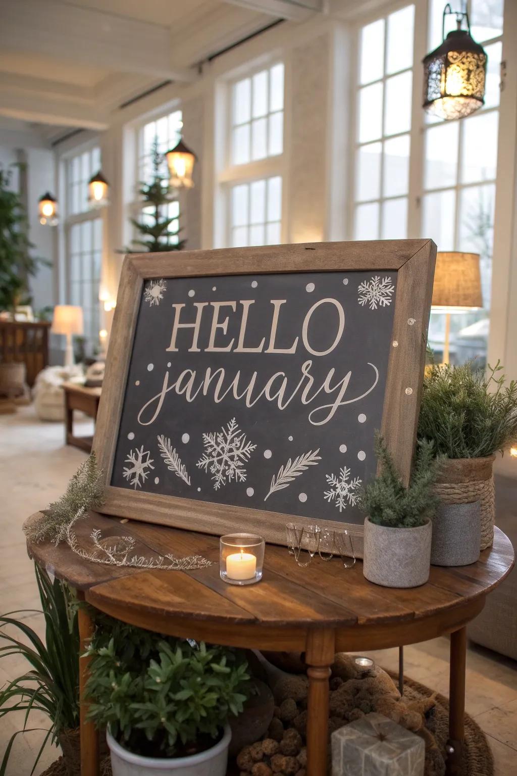 Welcome the month with an upbeat chalkboard greeting.