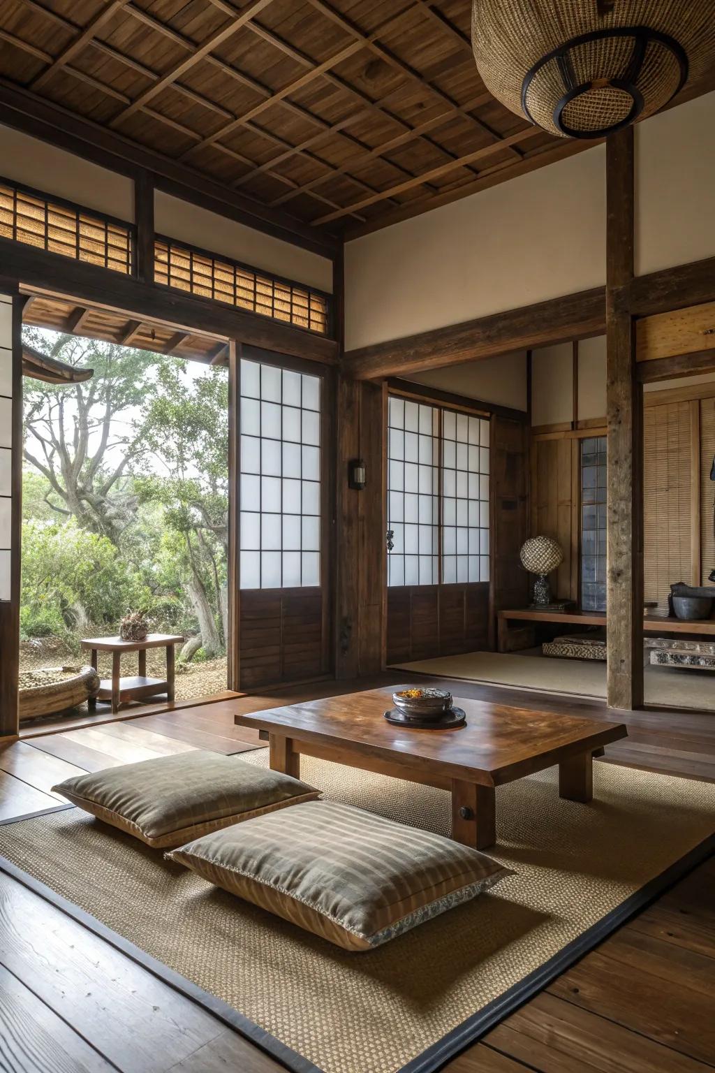 Organic lumber and cane features add warmth to this Japanese living room.