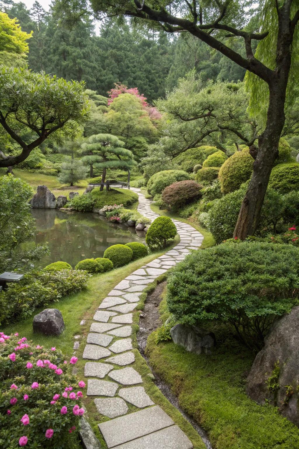 Stone pathways snaking through verdant foliage in a Japanese garden.