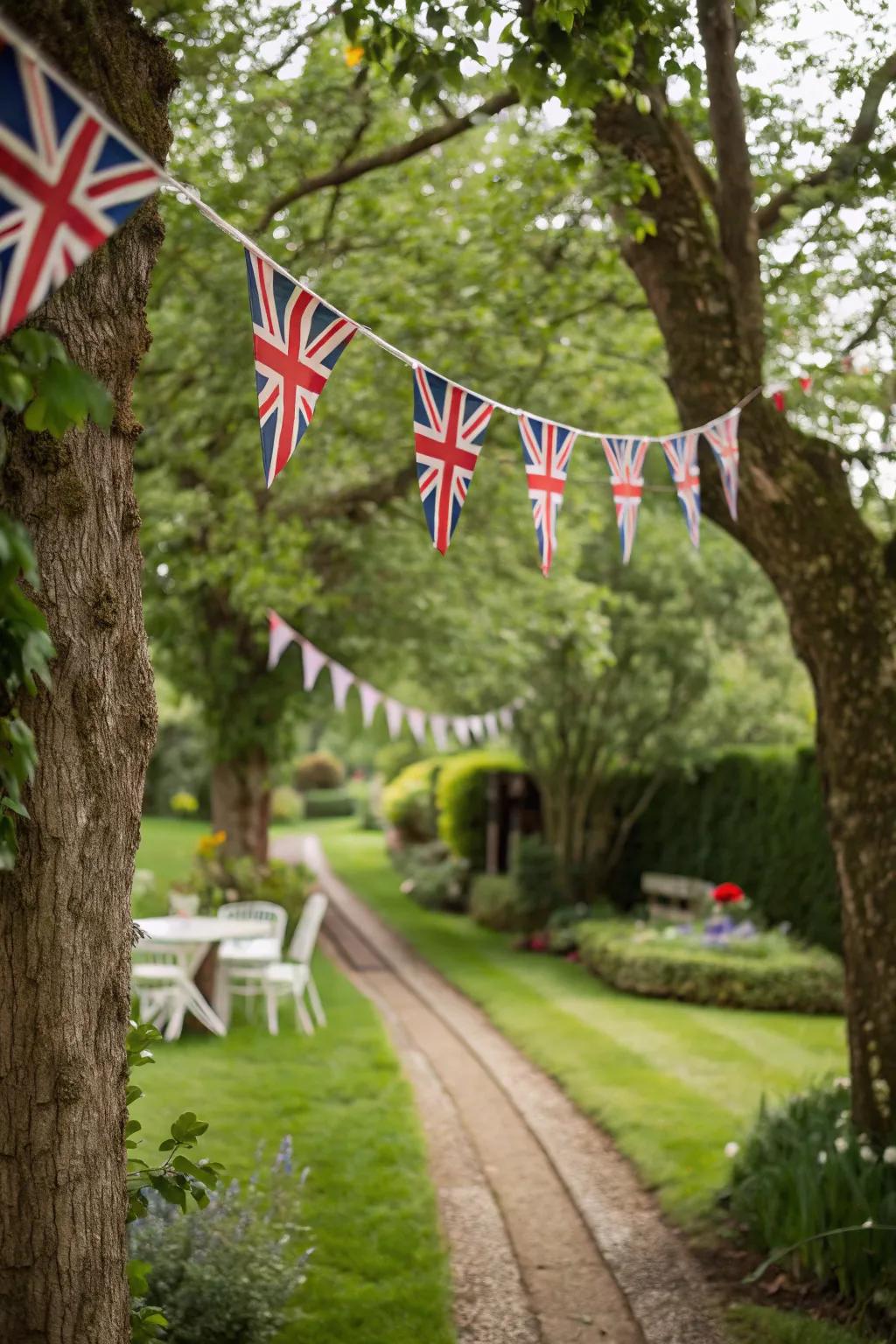 National flag pennants introducing a celebratory element to a garden environment.