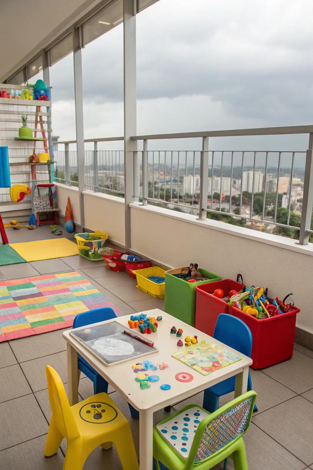 A burst of color with small tables and chairs transforms the balcony into a creative center.